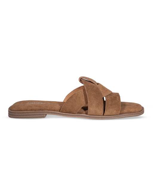 SEQWL Wide Fit Flat mules minimalist slides with crossover strap detail in tan, 3 of 5