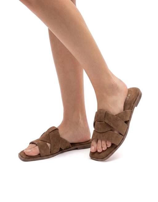 SEQWL Wide Fit Flat mules minimalist slides with crossover strap detail in tan, 4 of 5