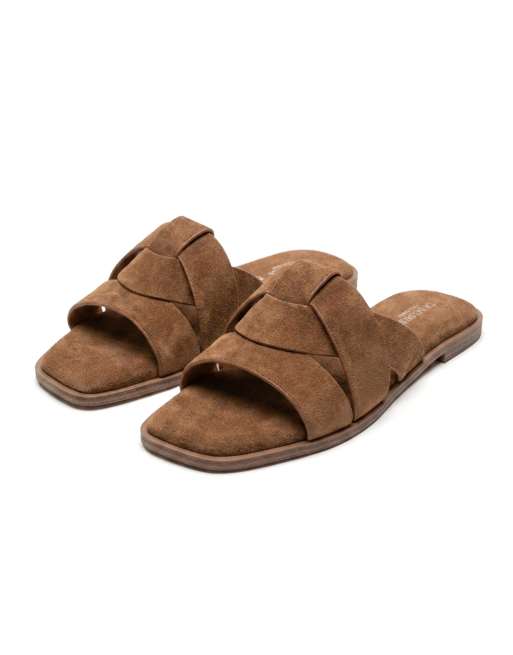 SEQWL Wide Fit Flat mules minimalist slides with crossover strap detail in tan, 5 of 5
