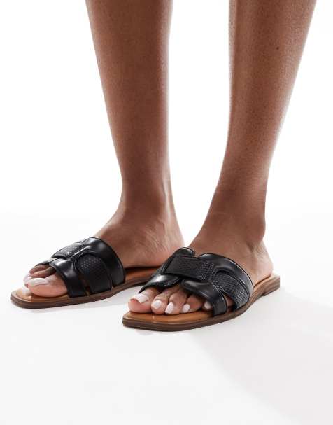 SEQWL Wide Fit flat sandal in black faux leather - view 1