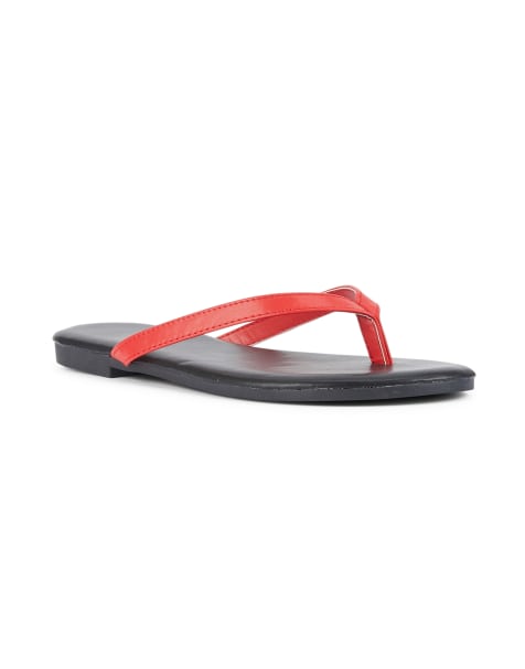 SEQWL Wide Fit Flip-flops minimalist flat thong sandals leather look finish in black / red - view 1