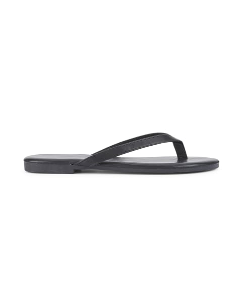 SEQWL Wide Fit Flip-flops minimalist flat thong sandals leather look finish in black - view 1