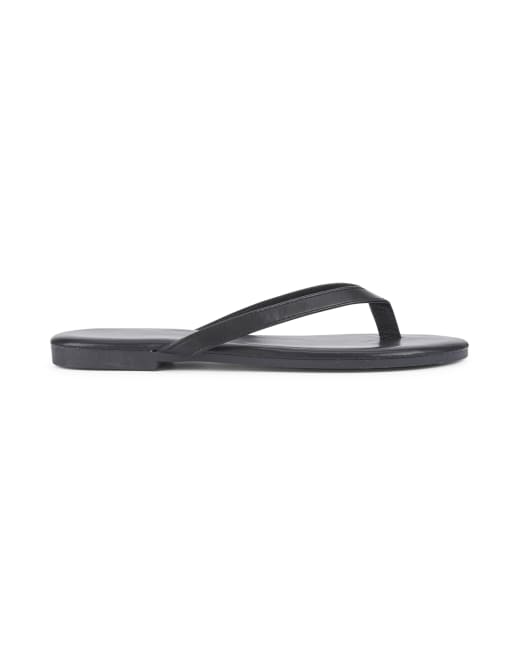 SEQWL Wide Fit Flip-flops minimalist flat thong sandals leather look finish in black, 3 of 5