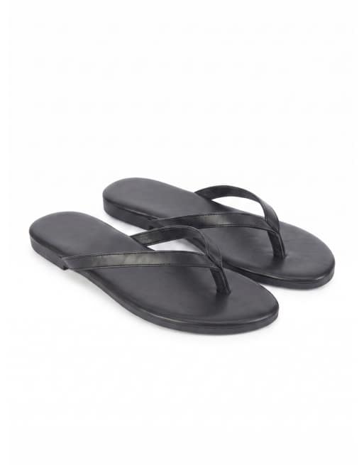 SEQWL Wide Fit Flip-flops minimalist flat thong sandals leather look finish in black, 5 of 5