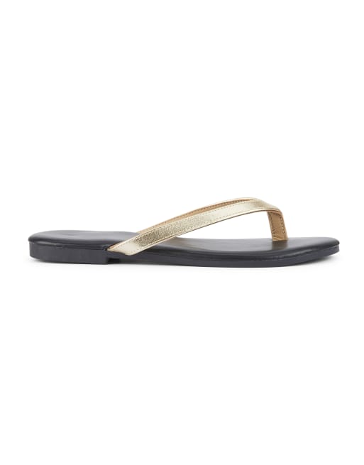 SEQWL Wide Fit Flip-flops minimalist flat thong sandals leather look finish in gold, 3 of 5