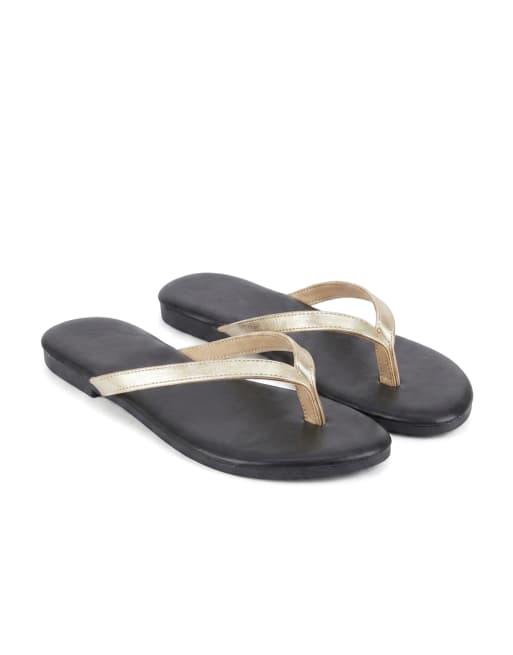 SEQWL Wide Fit Flip-flops minimalist flat thong sandals leather look finish in gold, 5 of 5