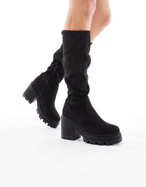 SEQWL Wide Fit Fuzzy knee high chunky boots in black - view 1
