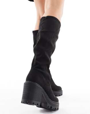 Seqwl Wide Fit Fuzzy Knee High Chunky Boots In Black