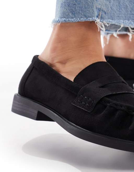 SEQWL Wide Fit Hershe ruched loafers in suedette black
