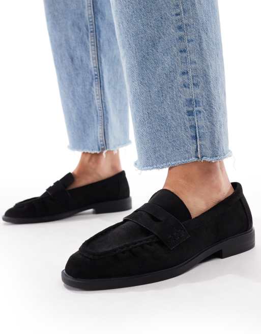 SEQWL Wide Fit Hershe ruched loafers in suedette black
