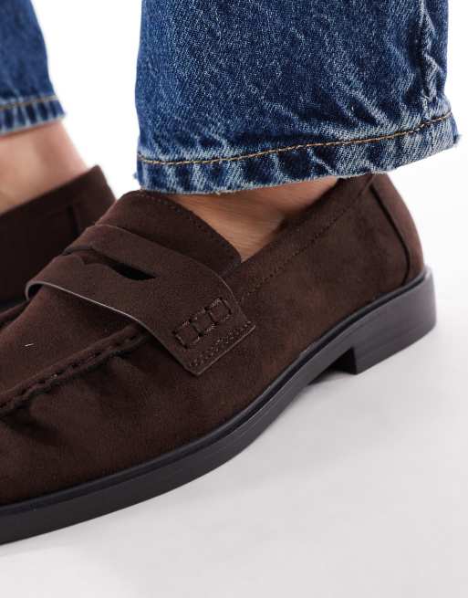 SEQWL Wide Fit Hershe ruched loafers in suedette chocolate