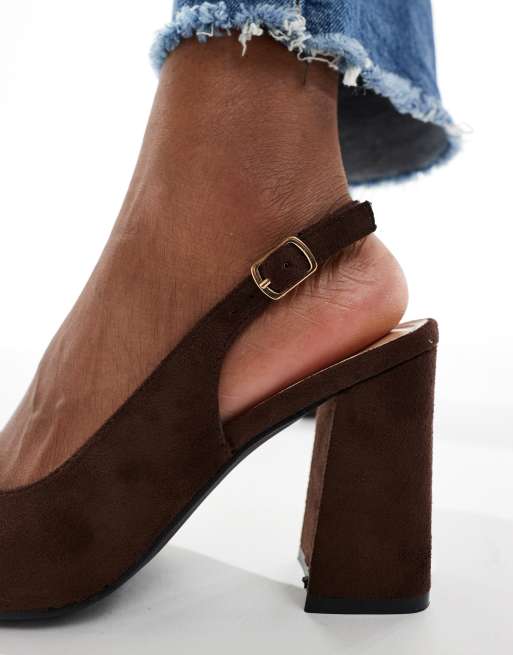 SEQWL Wide Fit Hogan slingback block heel shoes in suedette brown, 3 of 4