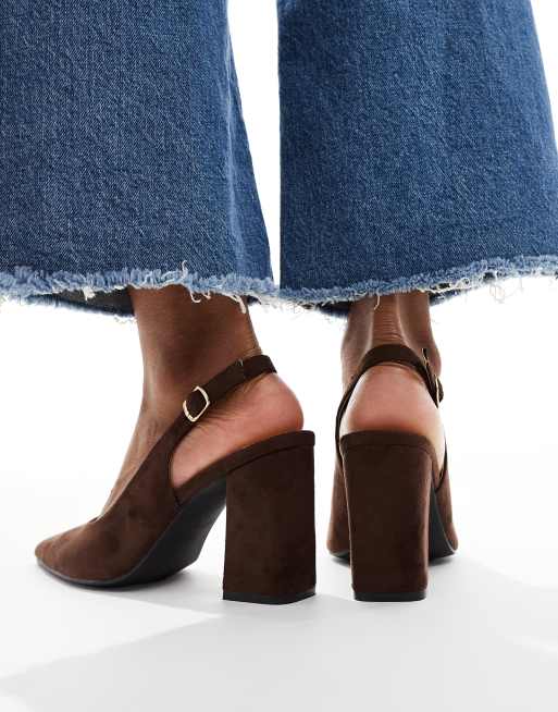 SEQWL Wide Fit Hogan slingback block heel shoes in suedette brown, 4 of 4