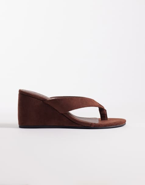 SEQWL Wide Fit Ines flip flop wedge sandals in brown microsuede - view 1