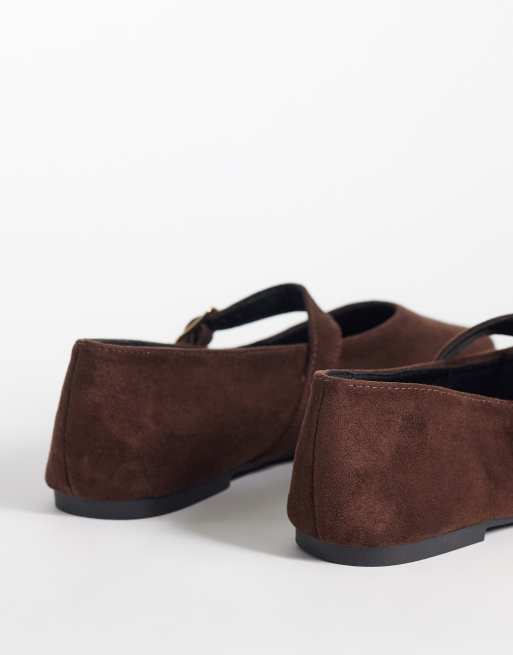 SEQWL Wide Fit Iris faux suede high vamp ballet flats in chocolate brown, 3 of 4
