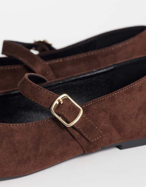 SEQWL Wide Fit Iris faux suede high vamp ballet flats in chocolate brown, 4 of 4