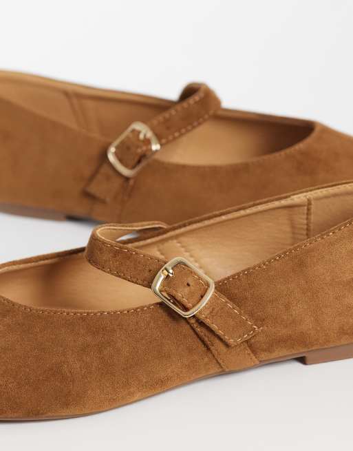 SEQWL Wide Fit Iris faux suede high vamp ballet flats in tan, 3 of 4