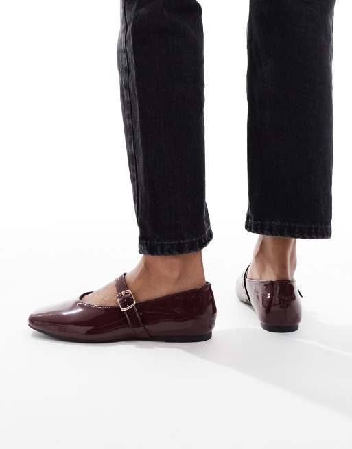 SEQWL Wide Fit Iris high vamp ballet flats in burgundy