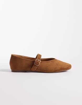 Seqwl Wide Fit Iris High Vamp Ballet Flats With Buckle Detailing In Brown
