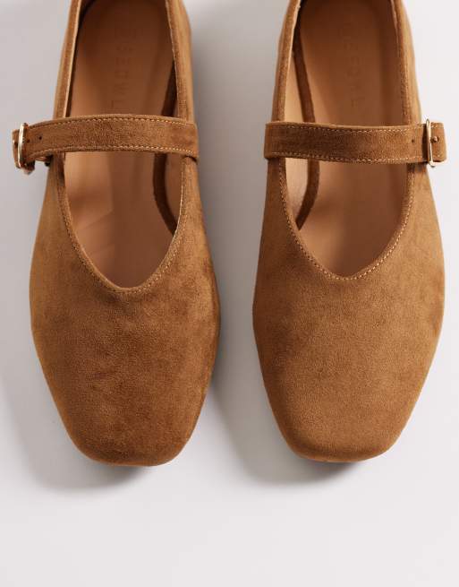 SEQWL Wide Fit Iris high vamp ballet flats with buckle detailing in tan, 4 of 4