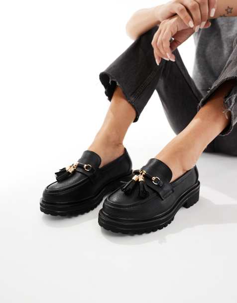 SEQWL Wide Fit Jeep chunky tassel loafers in black - view 1