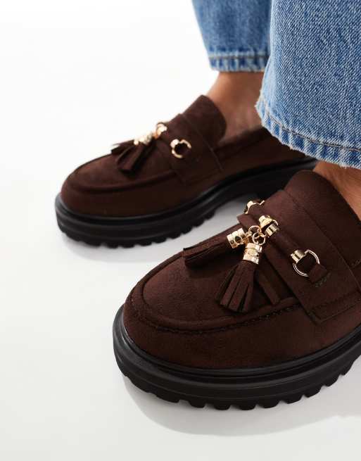 SEQWL Wide Fit Jeep chunky tassel loafers in suedette chocolate, 3 of 4