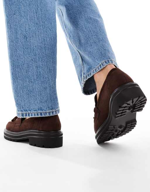 SEQWL Wide Fit Jeep chunky tassel loafers in suedette chocolate