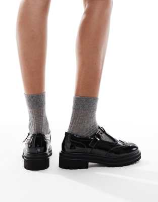 Seqwl Wide Fit Jeep Mary Jane With Brogue Detail In Black