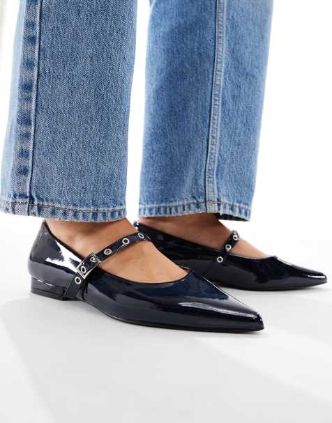 SEQWL Wide Fit Jordan pointed toe ballet flats in patent navy - view 1