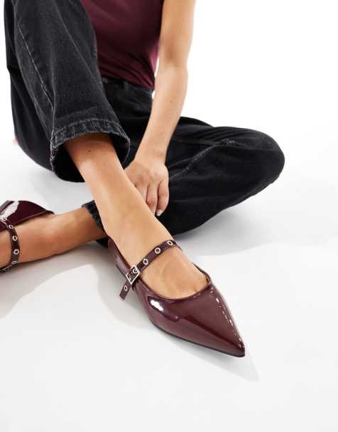 SEQWL Wide Fit – Jordan – Vinröda, lackade, platta ballerinaskor med spetsig tå och bred passform - view 1