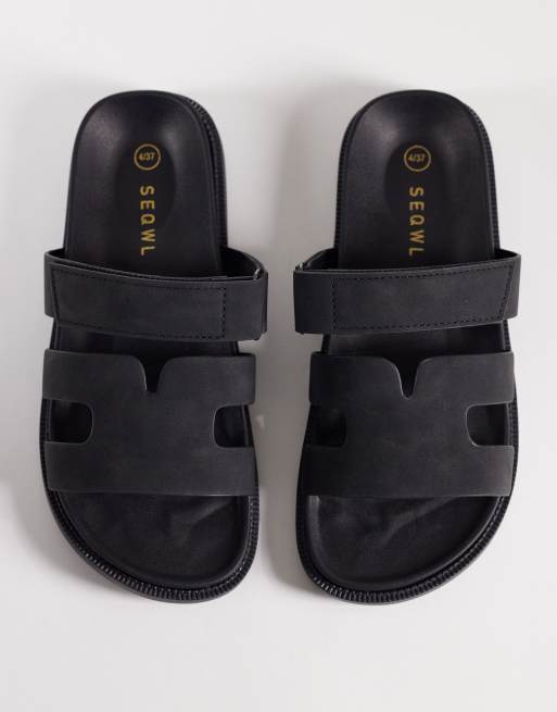 SEQWL Wide Fit Kidman sandals with straps in faux nubuck black - BLACK, 4 of 4