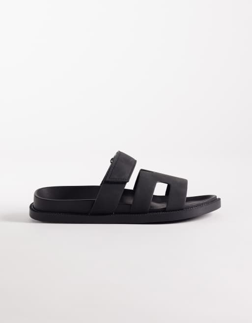 SEQWL Wide Fit Kidman sandals with straps in faux nubuck black | ASOS