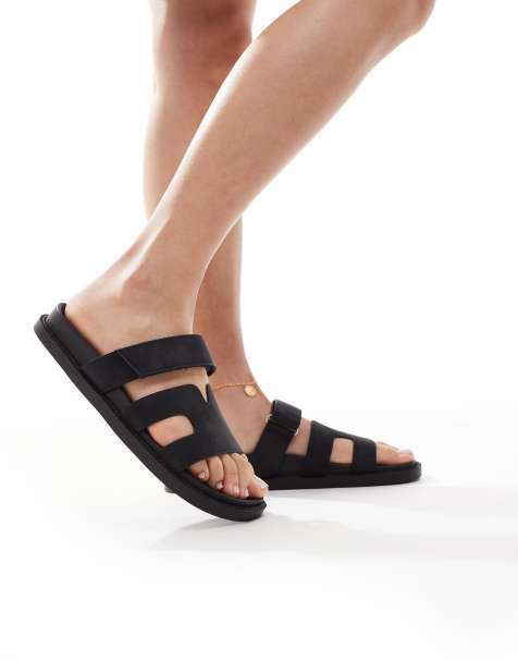 SEQWL Wide Fit Kidman sandals with straps in faux nubuck in black - view 1