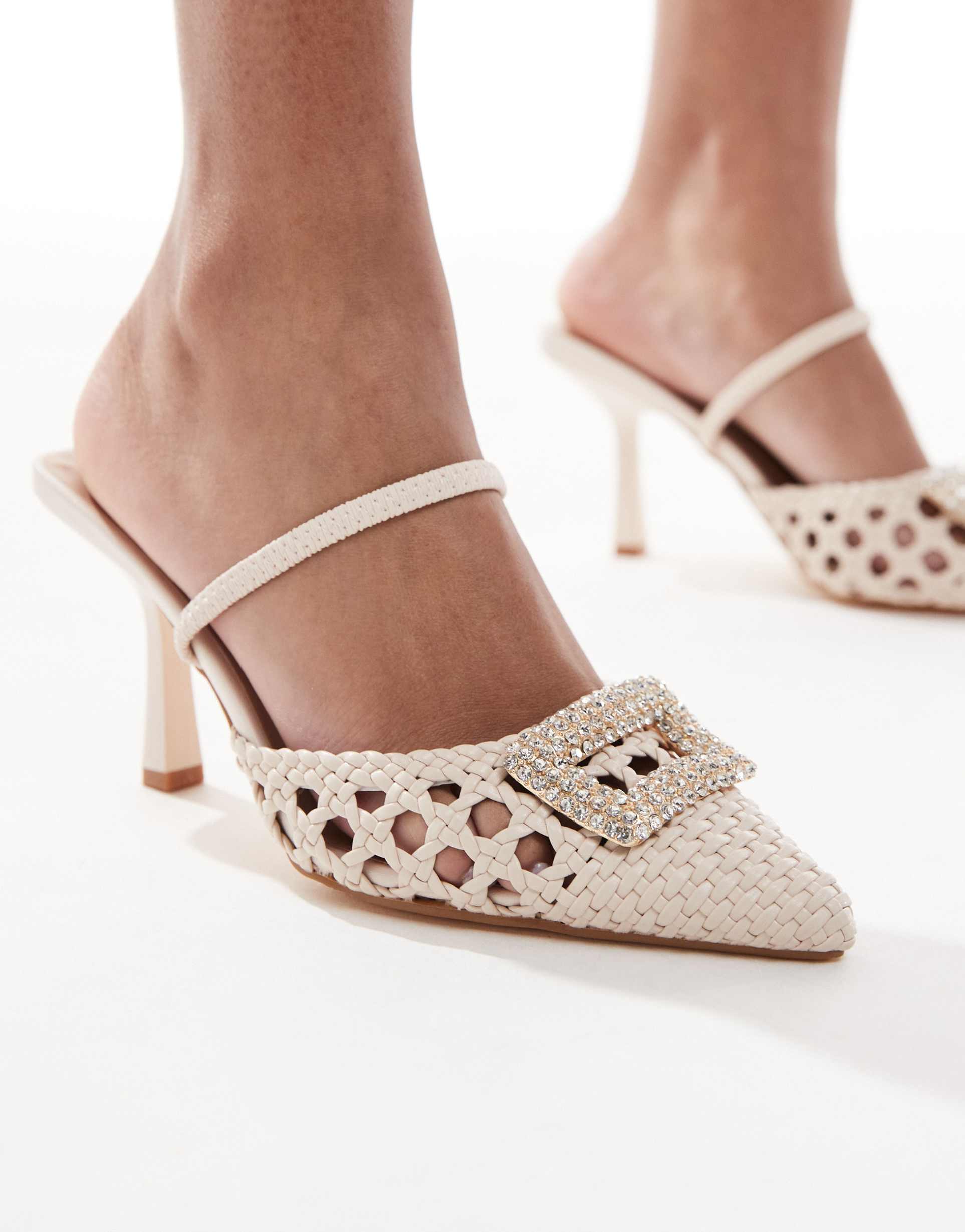seqwl wide fit kitten heel pumps with buckle details in raffia cream