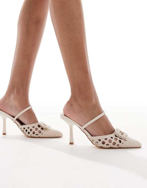 SEQWL Wide Fit kitten heel pumps with buckle details in raffia cream, 3 of 4