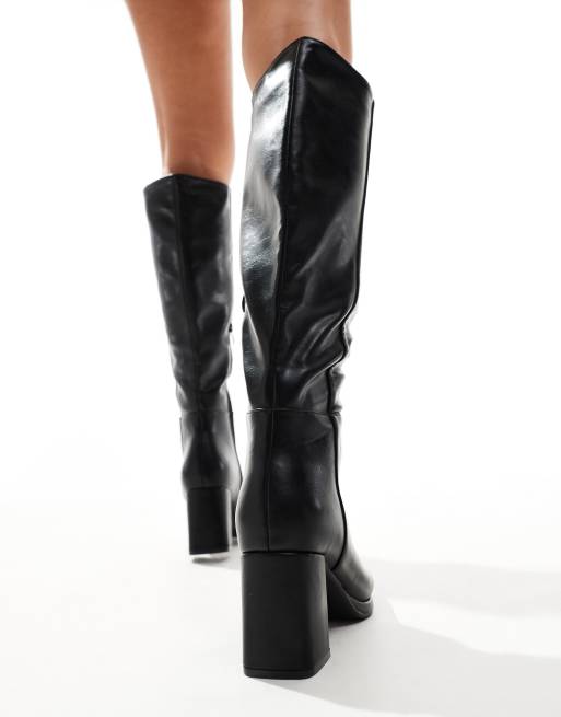 SEQWL Wide Fit knee high block heel boots in black