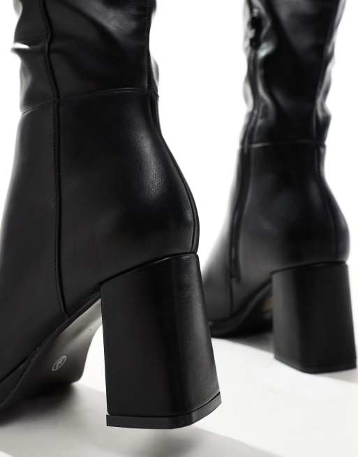 SEQWL Wide Fit knee high block heel boots in black