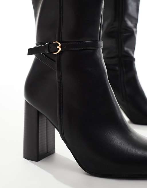 SEQWL Wide Fit Knee High Buckle Boots in Black