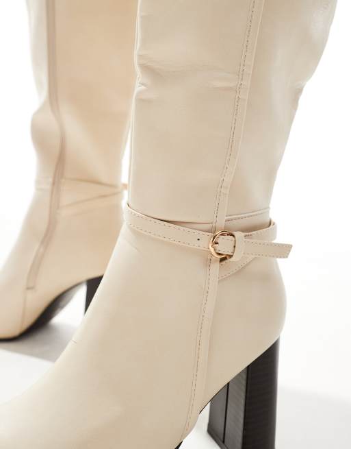 SEQWL Wide Fit knee high buckle boots in cream