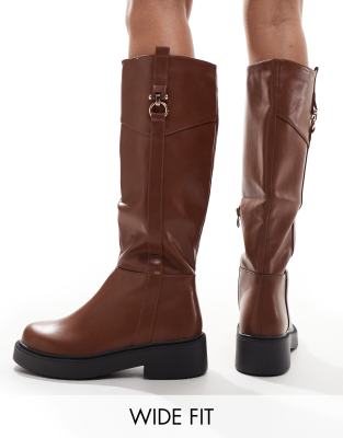 SEQWL Wide Fit SEQWL Wide Fit knee high buckle flat riding boot in tan-Brown