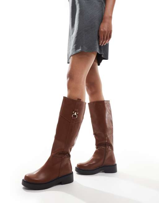 SEQWL Wide Fit knee high buckle flat riding boot in tan