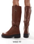 [SEQWL Wide Fit] SEQWL Wide Fit knee high buckle flat riding boots in tan-Brown 5 Tan