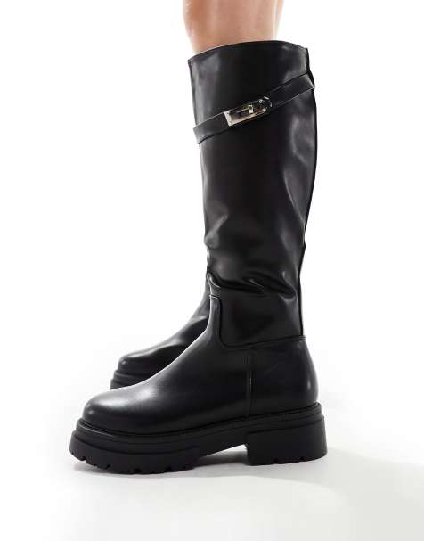 SEQWL Wide Fit knee high  flat riding boot in black - view 1