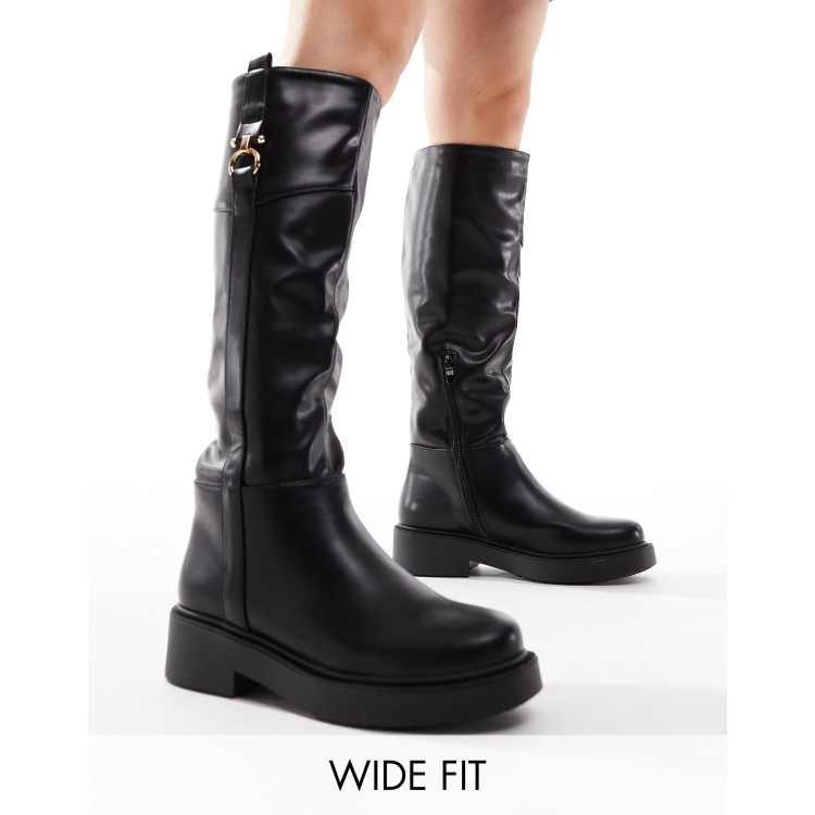 【Raucohouse】Round Chunky Flat Boots Women's Round Toe Wrinkled boots Chunky Heel Shoes Square