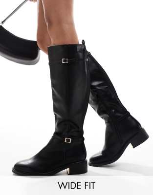 Seqwl Wide Fit Knee High Flat Riding Boots In Black