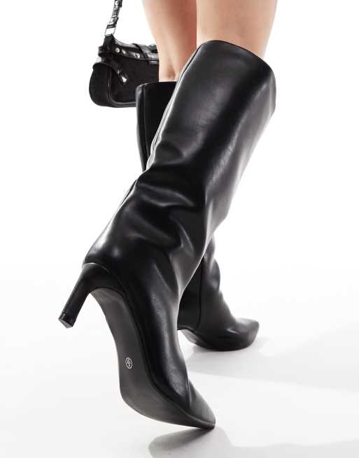SEQWL Wide Fit knee high kitten heel boots in black PU