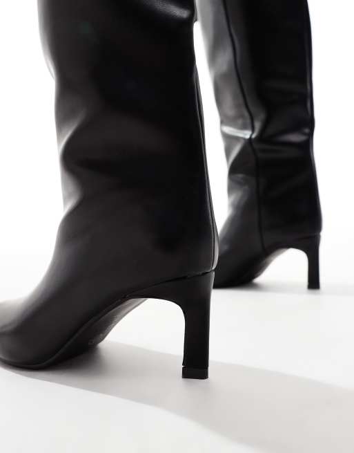 SEQWL Wide Fit knee high kitten heel boots in black PU