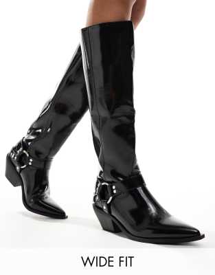 SEQWL Wide Fit knee high western boot in black