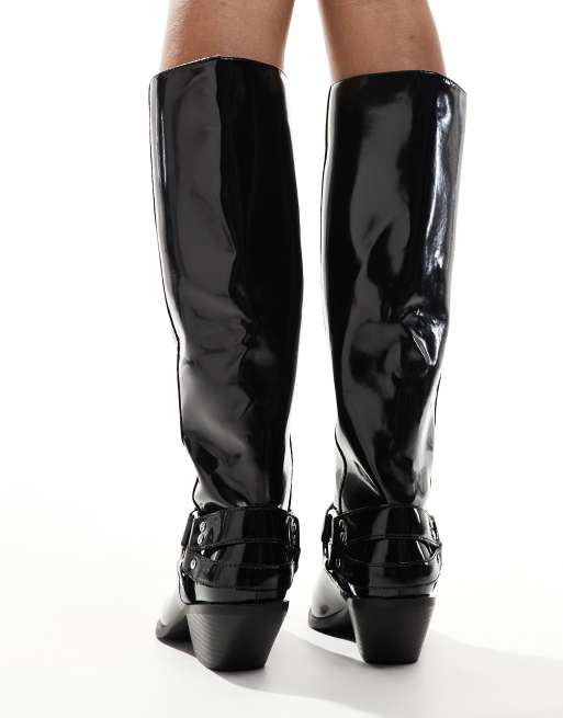 SEQWL Wide Fit Knee High Western Boot in Black