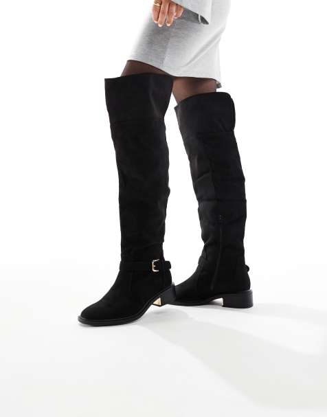 SEQWL Wide Fit Latte buckle detail over the knee boots in black - view 1